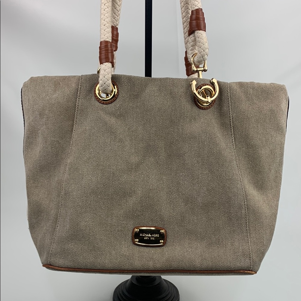 Michael Kors Tan Brown Creme Tote Bag Gold Hardware Leather Trim Rope Straps
